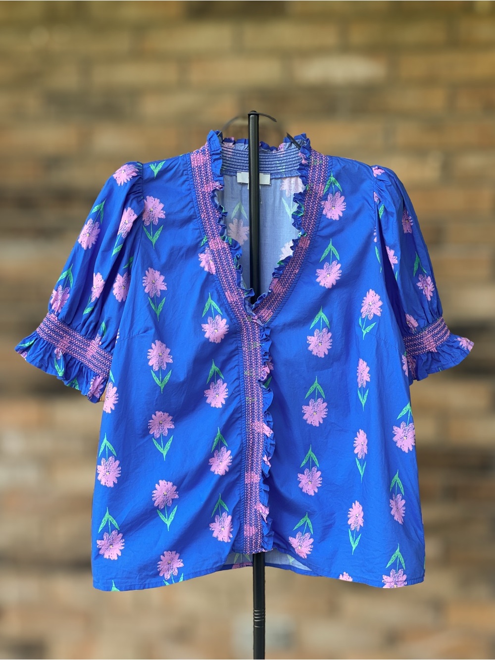 Entro Large Blue Pink Floral Smocked Ruffle Puff Sleeve Blouse